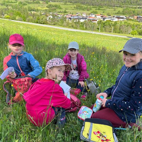 Kinder sitzen in der Wiese 