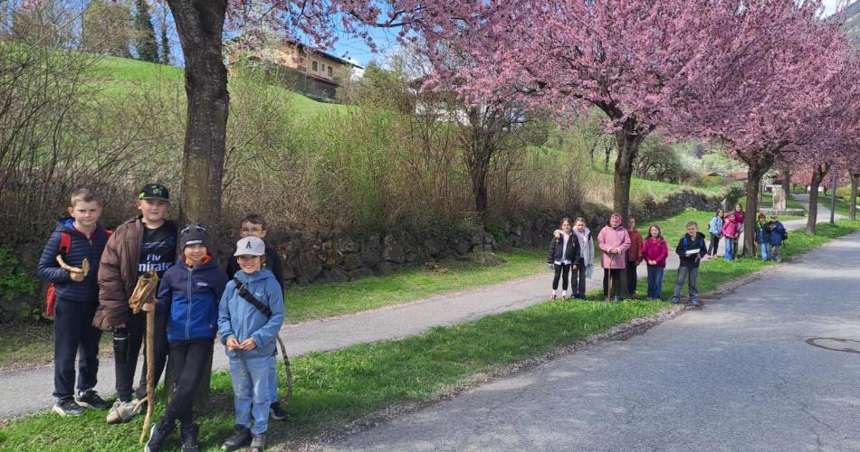 Kinder stehen an Alleebäumen